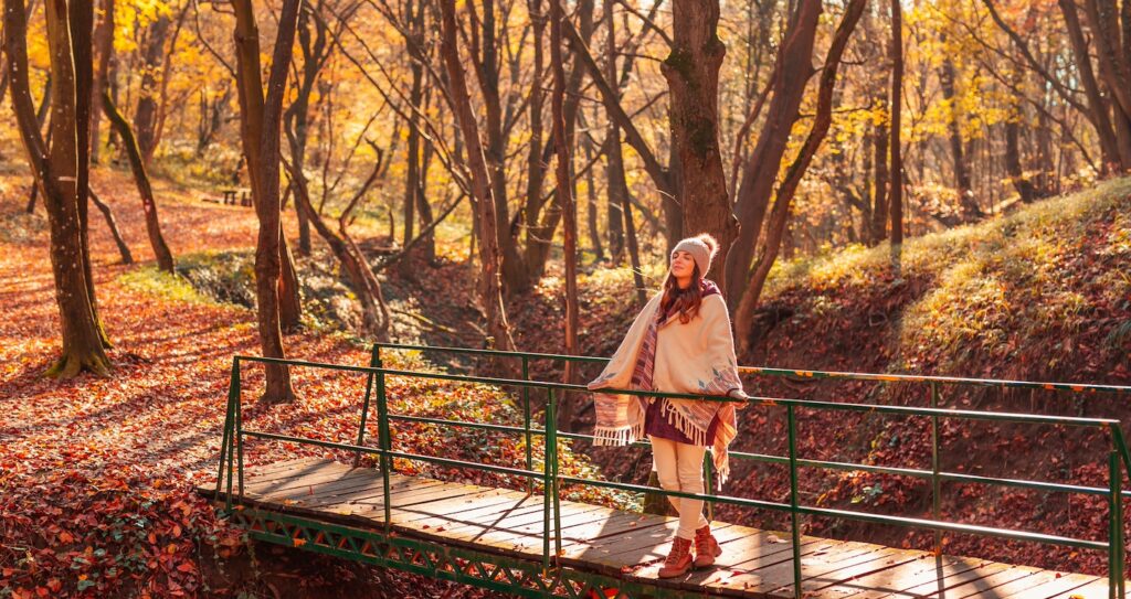 Woman walking down the bridge over a stream on the forest path covered with colorful fallen leaves, enjoying spending sunny autumn day outdoors in nature